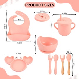 Silicone Baby Feeding Set 14 Pcs,Baby Led Weaning Supplies, Baby Spoons Suction Bowl Divided Plate Bi (Pink)