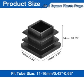 sourcing map 28Pcs Square Plastic Plugs, 16 x 16mm/0.63 x 0.63inch PE Pipe Tubing End Caps for 11-14mm/0.43-0.55inch Square Tube Furniture Chair Leg, Black
