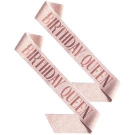 JEXOWIQ Party Belt, 2 Pieces Birthday Sash, Rose Gold Birthday Queen Sash, Fancy Dress Birthday Ties/Sashes for Adults, Birthday Sash Women's Birthday Accessories Birthday Queen Sash