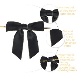 AIMUDI Black and Gold Bows for Crafts 3.5" Premade Black Bows for Gift Wrapping Pre Tied Black Twist Tie Bows for Treat Bags Small Black Bows for Party Favors Goodie Bags Candy Apple - 50 Counts