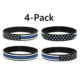 Great 1 Thin Blue Line American Flag Silicone Stretchable Bracelet 4-Pack - Police Law Enforcement
