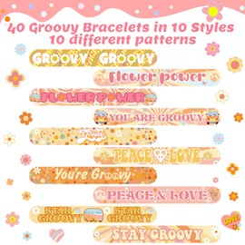 Tatuo 40 Pcs Groovy Slap Bracelets Two Groovy Party Decorations Hippie Decorations Hippie Wristbands Flower Bracelets Girl Daisy Party Decoration Boho Rainbow Birthday Bracelets for Classroom Decor