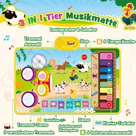 Dromlag 3 in 1 Music Mat Children's Toy 1 2 3 Years, Gift 1 Year Boy Girl 2 3 Years Toy from 1 2 3 Years Boy Girl Baby Toy Motor Skills Toy Children Gifts for 1 2 3 Years