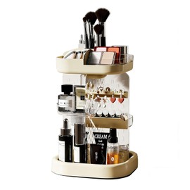 360 Spinning Rotating Makeup Organizer for Vanity with Adjustable Trays Lipstick Earring Storage Makeup Desk Storage Carousel Rack, Cosmetic Display Cases for Dresser Bathroom Holder (Cream)