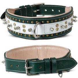 Genuine Leather Dog Collar by Leatherific, Premium Bridle Leather, Heavy Duty, Padded, Strong, Screwed Spikes, Medium, Large, Extra Large Breeds, 2" Wide (Forest Green, Neck Size 18"-22")