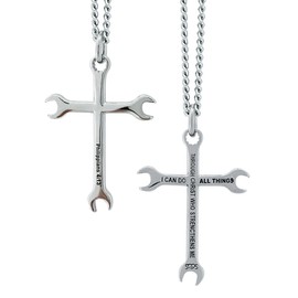 Shields of Strength 14K Gold Plated or Stainless Steel Men's Wrench Cross Pendant Necklace Inscribed with Philippians 4:13 Bible Verse - Gift For Mechanic, 18 inch, Stainless Steel