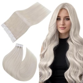 Easyouth Tape-In Real Hair Extensions, Blonde Hair Extensions, Tape-In Real Hair, Colour Ice Blonde, 14 Inches, 40 g, Glue-In Hair Extensions, Real Hair, #1000