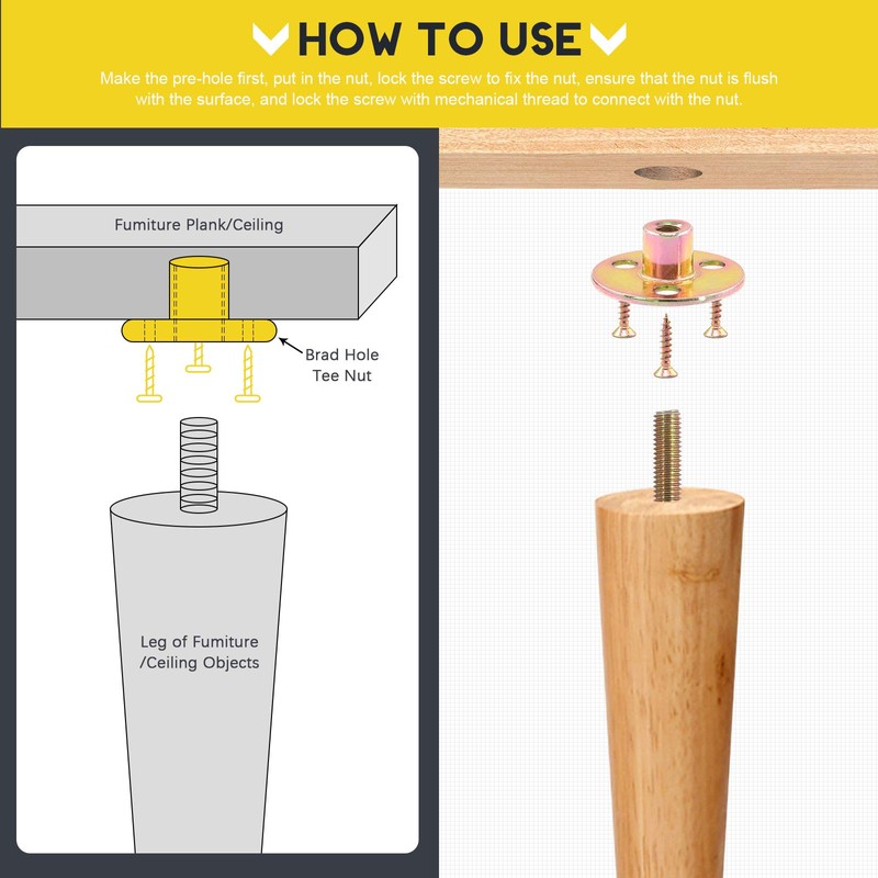 Mardatt 64Pcs M10 Brad Hole Tee Nut with Screws Set