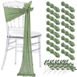 Sage Green Wedding Chair Sashes: 16 Packs Cheesecloth Chair Cover with Artificial Eucalyptus - Reception Party Hotel Aisle Decoration
