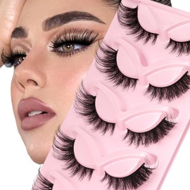 Veleasha Cat Eye Lashes Fluffy Fox Eye Lashes Natural Crisscorss False Eyelashes Faux Mink Lashes Wispy & Lightweight C Curl Lashes 5 Pairs Pack (Fluffpurr)