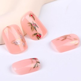 Flower Press on Nail Short 24pcs Spring Summer Flower Fake Nail Sqaure Floral Full Clover False Nail for Women Girls (06-pink flower)