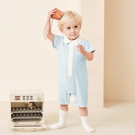pureborn Baby Boy Romper Point Collar Short Sleeve Cotton One-Piece Outfit Summer Clothes Blue 6-9 Months