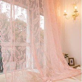 Sutuo Home Pink Lace Curtains 96 Inches Long, Leaf Embroidery Window Sheer Drapes Pair Knitted, Rod Pocket Vintage Country Window Treatments Set of 2 Panels for Bedroom Living Room, 57" W x 96" L