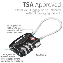 Fosmon TSA Accepted 3 Digit Combination Cable Lock for Suitcase, Travel Bag, Locker or Backpack - Secure All Luggage, Bike, Gate, Shed - 3 Digit Code Padlock - Black