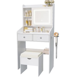 Viaozutis Vanity, Small Vanity Desk with Sliding Mirror, Dimmable LED Lights, 2 Drawers,Vanity Table Ideal for Bedroom (White)