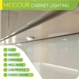 Meigour Under Cabinet Light 2 in, Single LED Puck Light for Kitchen Counter Collection Display Lighting, Dimmer Switch, 120VAC Plug in, Black Cord, 2 Packs, Cool White