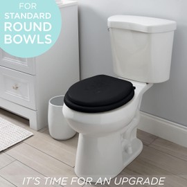 Bath Bliss Extra Soft Standard Round Toilet Seat | Decorative Vinyl Lid | Fits 16.5” Seats | Adjustable Quick Screw Attach Non-Slip Hinges | Bathroom | Black