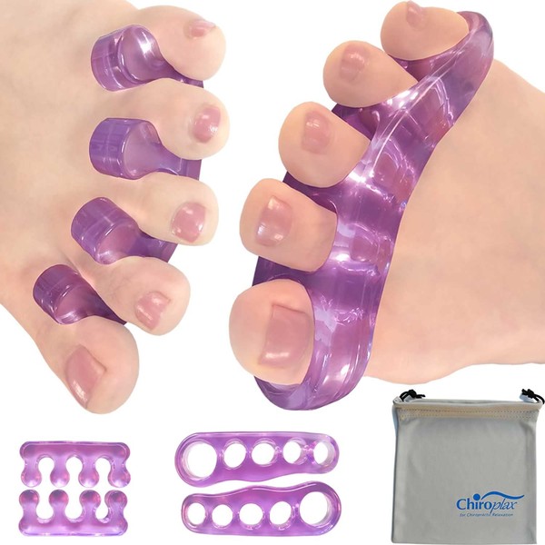 Chiroplax Gel Toe Separators Stretchers Spreader Spacer for Bunion Bunionette Relief Hammer Overlapping Toe Straightener Corrector (2 Pairs w/Pouch - Lavender)