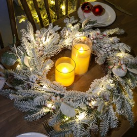 22 Inch Artificial Flocked Wreath with Lights, Christmas Wreath for Front Door with Red Berries Pine Cones, Christmas Decorations for Outdoor Indoor Home Party Decor