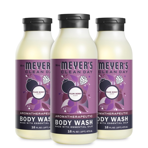 MRS. MEYER'S CLEAN DAY Moisturizing Body Wash for Women and Men, Biodegradable Shower Gel Formula Made with Essential Oils, Plum Berry, 16 oz Bottle, Pack of 3