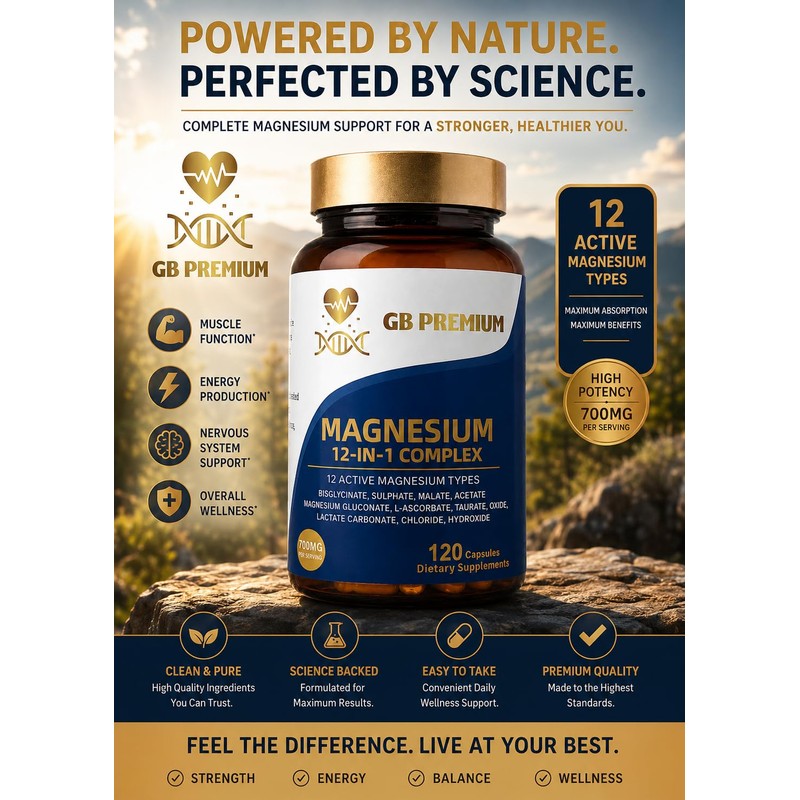 GB Premium Magnesium 12-in-1 Complex, 700mg per Serving, with Bisglycinate,