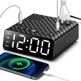 Reloj Despertador Cargador,Despertador Cargador Con 1 Puertos Ac Y 2 Puertos Usb,Reloj Despertador Digital Con Temporizador,4 Niveles De Brillo,Función De Repetición Y Fm Modos Para Dormitorio,Oficina