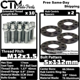 CTM 2x 10mm Thick 5x112 66.56mm CB Wheel Spacer w/o Hub Lip M12 Chrome Bolt Mercedes