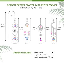 HDCRYSTALGIFTS 4 Pack Crystal Sun Catchers with Small Trellis for Potted Plants Indoor Plant Stake Suncatcher Decoration for Home Window Garden, Sliver