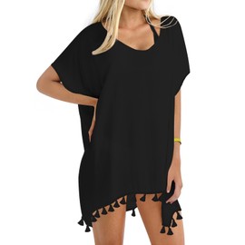 MLXSJ Women's Swimsuit Coverup Chiffon Tassel Bathing Suit Cover Up Beach Cover Ups for Swimwear (Black, 2XL)