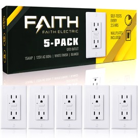 Faith [5-Pack] 15A GFCI Outlet, ETL Listed, GFI Duplex Receptacles with LED Indicator, Self-Test Ground Fault Circuit Interrupter with Wall Plate, White