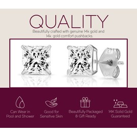 14k Solid Gold PRINCESS Stud Earrings Square Cubic Zirconia Princess-cut CZ Unisex Studs, 14kt White Gold (5mm)