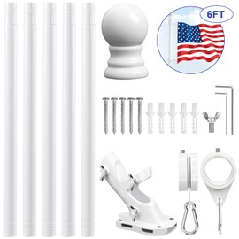 REERON Flag Pole Kit for House, 6 FT Stainless Steel Spinning Flag Pole, 1" Rustproof Porch Flagpole with 360° Tangle Free Metal Flagpole Rings & 2-Position Bracket for Outdoor Sport for 3x5 Flags