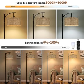 Arc Rattan Floor Lamp for Living Room with Remote,Black Floor Lamps with 3 Color Temperature Dimmable Bulb,Farmhouse Boho Standing Lamp with Wicker Shade,Adjustable Tall Lamp for Bedroom Office Corner