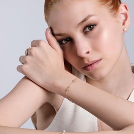 MIONZA 14K Solid Gold, Gold Plated, or 18K Gold Vermeil Rosary Bracelets for Women, Adjustable Cross Bracelets with Onyx, Pearl, and Religious Charms (Standart Rosary Cross Bracelet, Gold Plated)