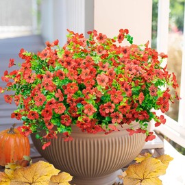 HDZWBNFY Artificial Flowers Outdoor 16 Bundles UV Resistant Fake Mums Flowers Plants for Decoration Indoor Outdoor Window Box Hanging Planter Home Porch Decor Plastic Faux Flowers (Red)