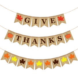 Thanksgiving Banner, SEPGLITTER 3 Pcs Give Thanks Burlap Banner Happy Fall Banner Autumn Harvest Maple Leaves Garland Thanksgiving Party Supplies Fireplace Mantle Decor