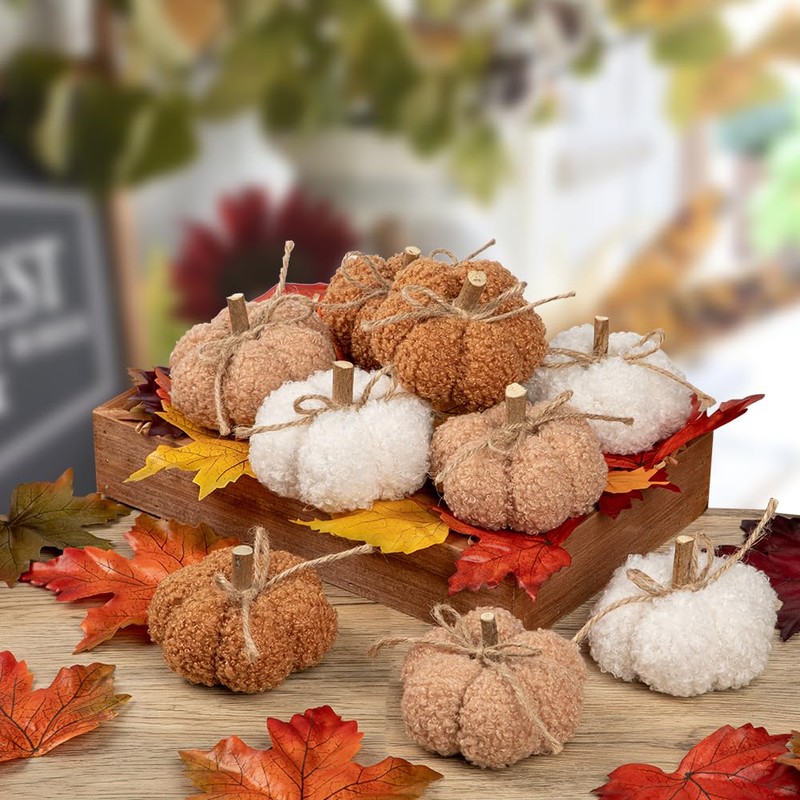 Oairse 9pcs Plush Pumpkins Fall Decorations Mini Artificial Pumpkins with
