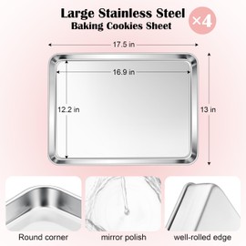 E-far Cookie Sheets Set of 4, 18”x13” Stainless Steel Baking Sheet Pans for Oven, Large Non Toxic Metal Baking Tray for Baking Roasting, Healthy & Rust Free, Mirror Finish & Dishwasher Safe