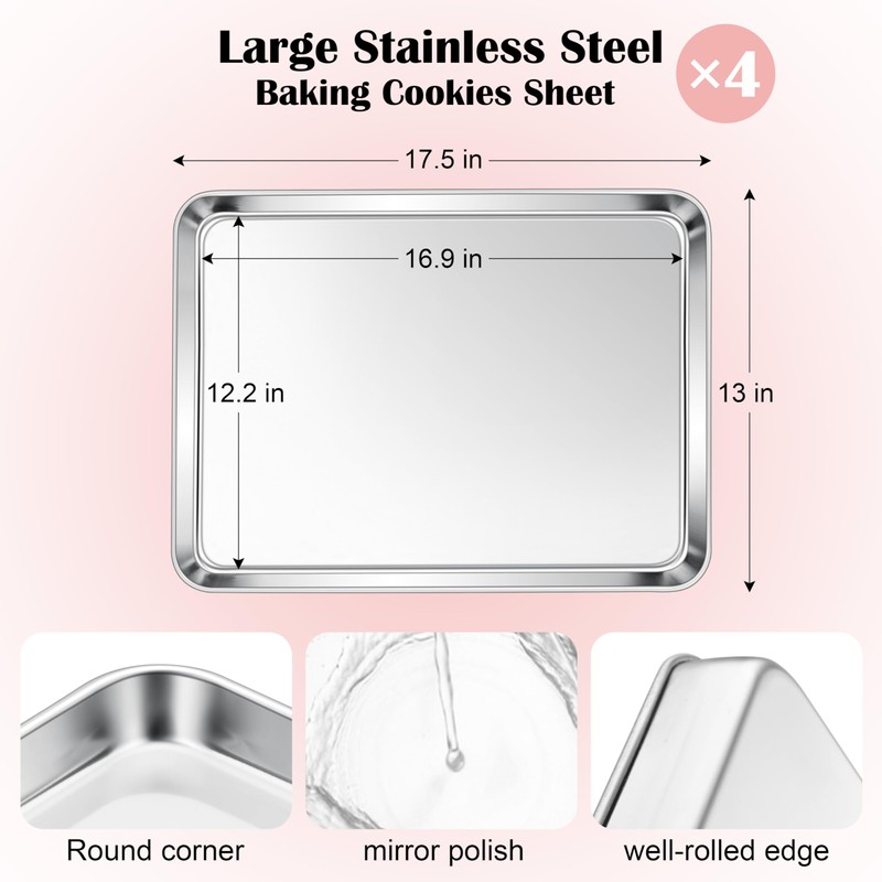 E-far Cookie Sheets Set of 4, 18”x13” Stainless Steel Baking