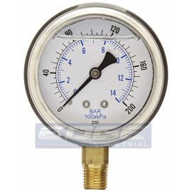 PIC 2 PACK LIQUID FILLED PRESSURE GAUGE 0-200 PSI, 2.5" FACE, 1/4" NPT LOWER MOUNT