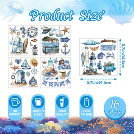 Shejdgart Nautical Rub on Transfers for Crafts - 16 Sheets Vintage Watercolor Furniture Transfers Decals, Blue Ocean Designs UV DTF Stickers for Wood DIY Home Decor 5.7x5.7 Inch
