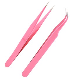 AIEX 2Pcs Lash Tweezers, Stainless Steel Eyelash Extension Tweezers Straight and Curved Tip Eyelash Tweezers (Pink)