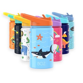 BOZ Botella de agua aislada para niños con tapa de popote, taza de agua de doble pared al aspiradora de acero inoxidable con impresión bonita y asa de transporte, sin BPA (tiburón)
