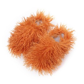 Unisex Fuzzy Faux Fur Slippers, Women's Fluffy Long Hair Sheep Faux Fur Slip on Slides, Girls Luxury Big Fluffy Outdoor Flat Slippers, Long Curly Hair Non-Slip Warm Home Slide Shoes(Orange,8.5-9)