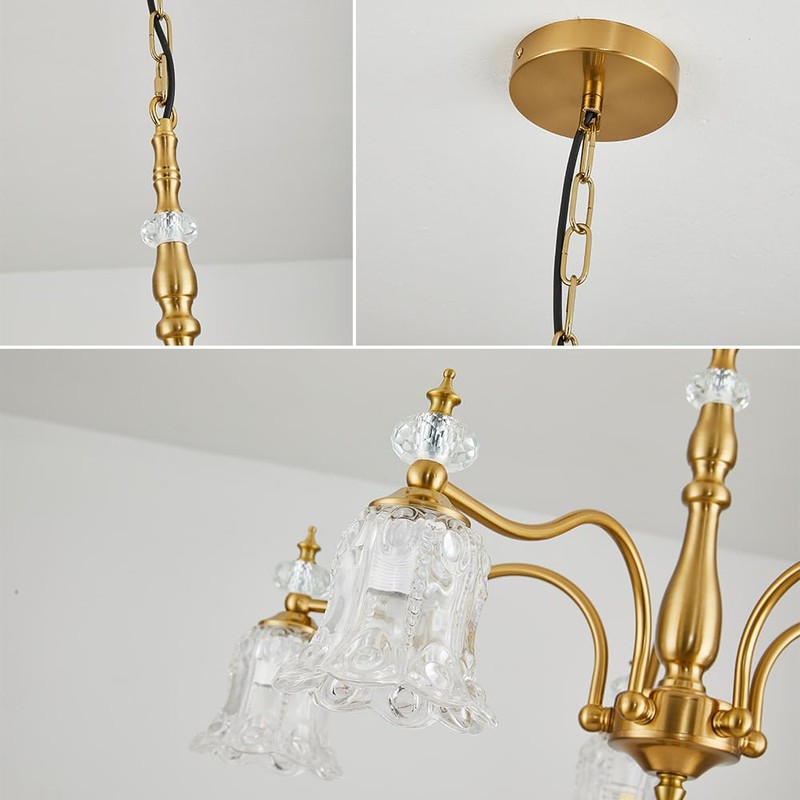 TELAFLY 5 Lights Vintage Gold Chandelier, Elegant Rustic Chandeliers Glass