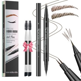 NinjaTiger Eyebrow Pencil Brow Pen - 2-Pack 2-IN-1 Dual-Ended Eye Brow Pencils 2-Fork-Tip Microblading Eyebrow Pen for Women Waterproof Eyebrow Pen with Brow Brushes Dark Brown ＆ Black Brown