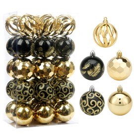 ROSELEAF Christmas Tree Ornaments, 30ct Christmas Ball Decoration Set, 2.36" Black and Gold Christmas Ball, Shatterproof Hanging Tree Ornaments Set for Tree