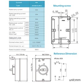 40Amp AC Isolator Solar Switch, 2 Positions IP66 Waterproof 690V Isolation PV Disconnect On Off Changeover Switch Universal Rotary Cam Selector Switch 4 Pole