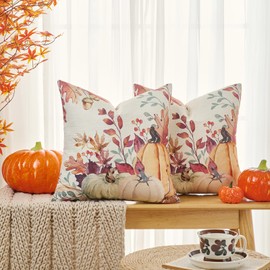 Volcanics Fall Pillow Covers 18x18 Set of 2 Orange White Pumpkin Throw Pillow Covers with Autumn Leaves Thanksgiving Farmhouse Cushion Cases Decorative Outdoor Pillow Covers for Couch Sofa Home Decor