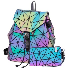 Geometric Luminous Backpack for Women Holographic Reflective Bag Backpack Wallet Clutch Set, Backpack + Zipper Wallet